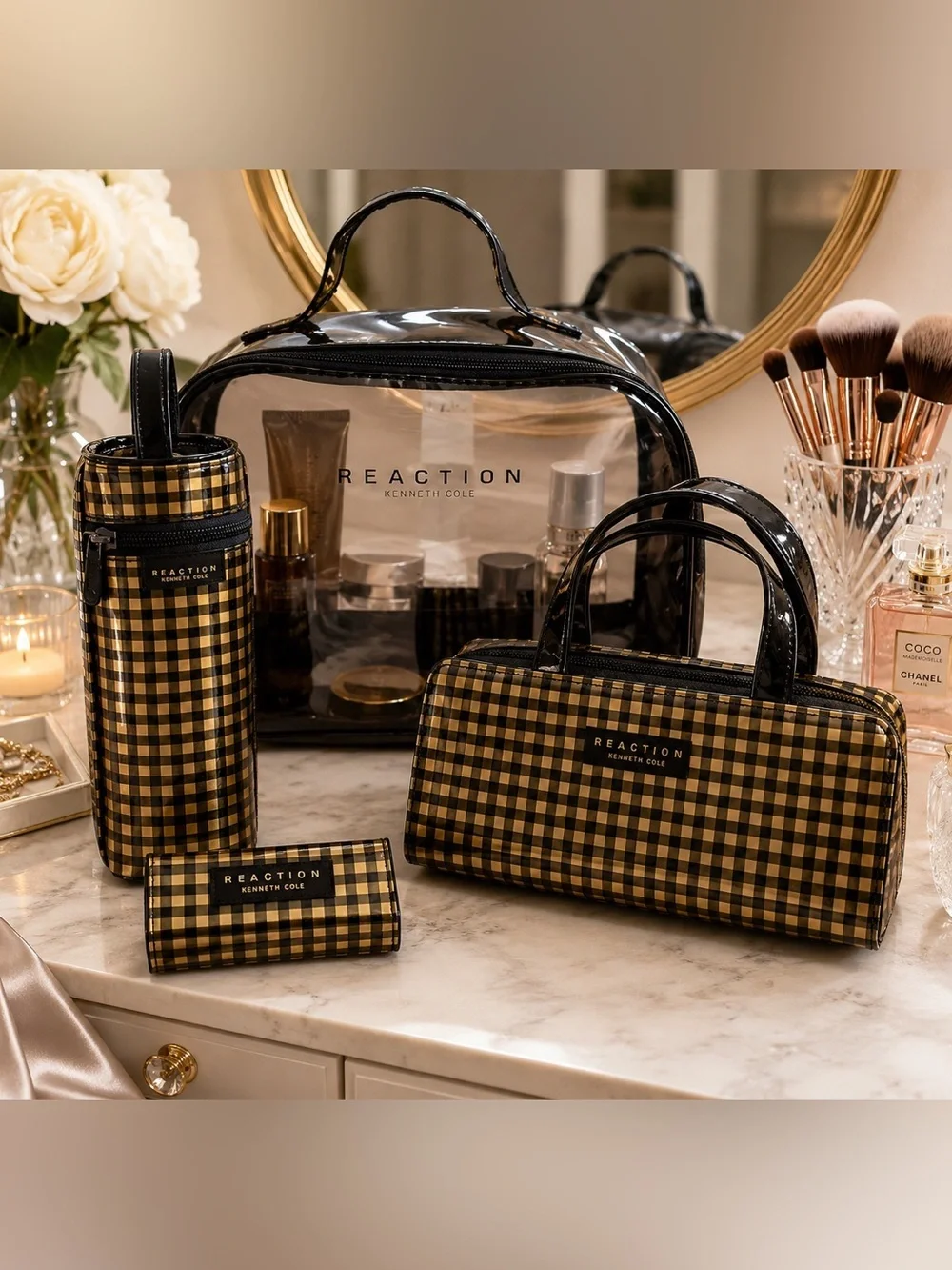 Kenneth Cole Reaction Cosmetic Travel Bag Set | Gingham Plaid  Organizer